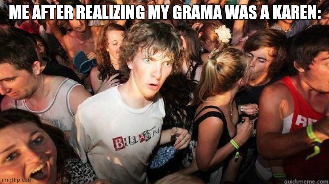 Sudden Realization | ME AFTER REALIZING MY GRAMA WAS A KAREN: | image tagged in sudden realization | made w/ Imgflip meme maker