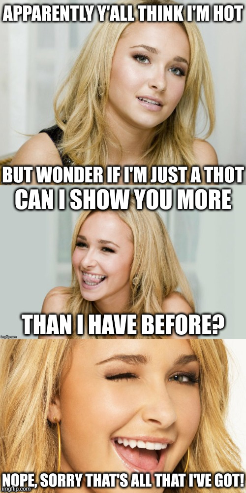 I've had erections that lasted longer than her career | APPARENTLY Y'ALL THINK I'M HOT; BUT WONDER IF I'M JUST A THOT; CAN I SHOW YOU MORE; THAN I HAVE BEFORE? NOPE, SORRY THAT'S ALL THAT I'VE GOT! | image tagged in bad pun hayden panettiere | made w/ Imgflip meme maker
