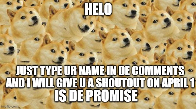 Multi Doge |  HELO; JUST TYPE UR NAME IN DE COMMENTS AND I WILL GIVE U A SHOUTOUT ON APRIL 1; IS DE PROMISE | image tagged in memes,multi doge,shouting | made w/ Imgflip meme maker