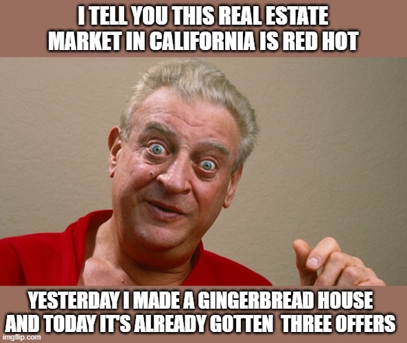 California Real Estate Right Now |  I TELL YOU THIS REAL ESTATE MARKET IN CALIFORNIA IS RED HOT; YESTERDAY I MADE A GINGERBREAD HOUSE AND TODAY IT'S ALREADY GOTTEN  THREE OFFERS | image tagged in rodney dangerfield,gingerbread,holidays,real estate | made w/ Imgflip meme maker
