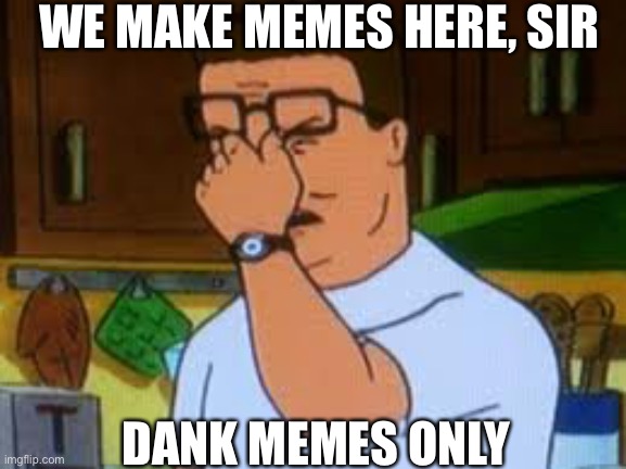 We make memes here, sir | WE MAKE MEMES HERE, SIR; DANK MEMES ONLY | image tagged in hank hill,memes,dank memes | made w/ Imgflip meme maker