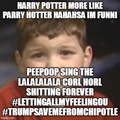 my boredom is at an astronomical level | HARRY POTTER MORE LIKE PARRY HOTTER HAHAHSA IM FUNNI; PEEPOOP SING THE LALALALALA CORL HORL SHITTING FOREVER #LETTINGALLMYFEELINGOU #TRUMPSAVEMEFROMCHIPOTLE | image tagged in have you ever had a dream kid | made w/ Imgflip meme maker