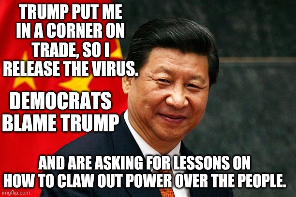 Xi | TRUMP PUT ME IN A CORNER ON TRADE, SO I RELEASE THE VIRUS. DEMOCRATS BLAME TRUMP; AND ARE ASKING FOR LESSONS ON HOW TO CLAW OUT POWER OVER THE PEOPLE. | image tagged in xi jinping | made w/ Imgflip meme maker
