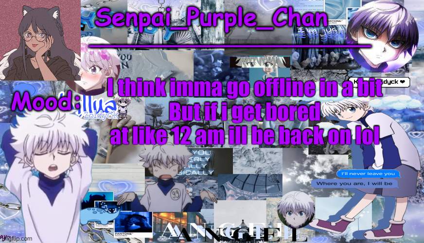 Killua temp (my collage) | I think imma go offline in a bit
But if i get bored at like 12 am ill be back on lol | image tagged in killua temp my collage | made w/ Imgflip meme maker