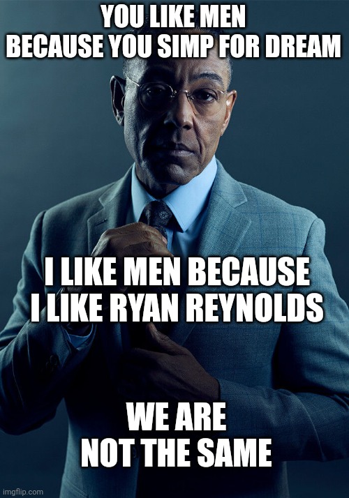 Epic Title | YOU LIKE MEN BECAUSE YOU SIMP FOR DREAM; I LIKE MEN BECAUSE I LIKE RYAN REYNOLDS; WE ARE NOT THE SAME | image tagged in gus fring we are not the same | made w/ Imgflip meme maker