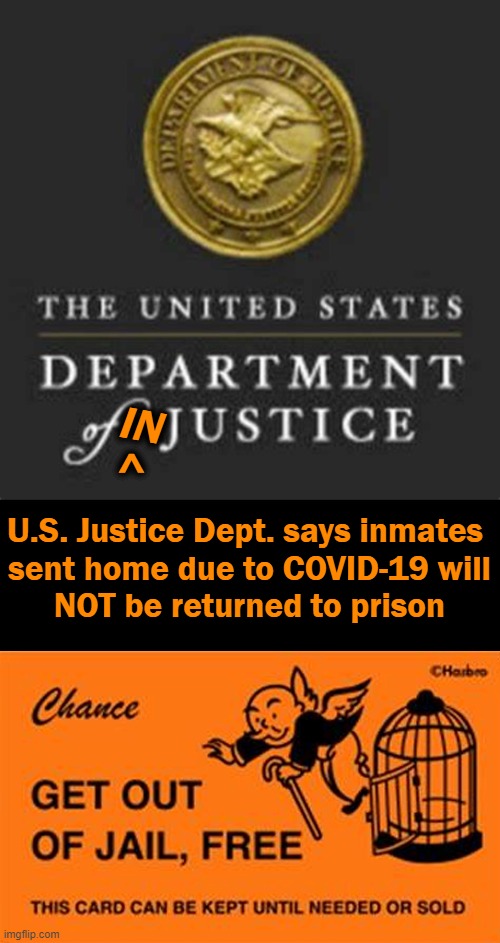 Get Covid, Get Out of Jail Free For All.... | IN; <; U.S. Justice Dept. says inmates 
sent home due to COVID-19 will
NOT be returned to prison | image tagged in politics,liberalism,democrats,leftists,criminals,belong in jail | made w/ Imgflip meme maker