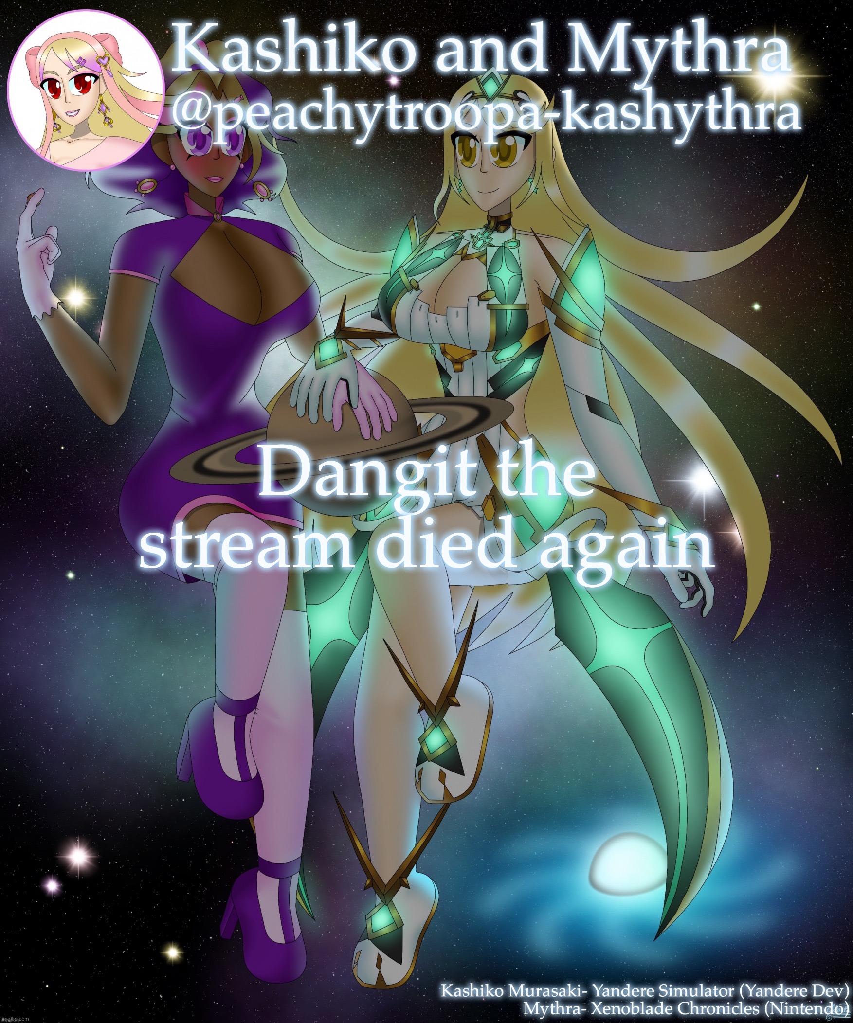 I’ll repost the preceding announcement another time | Dangit the stream died again | image tagged in kashiko murasaki and mythra | made w/ Imgflip meme maker