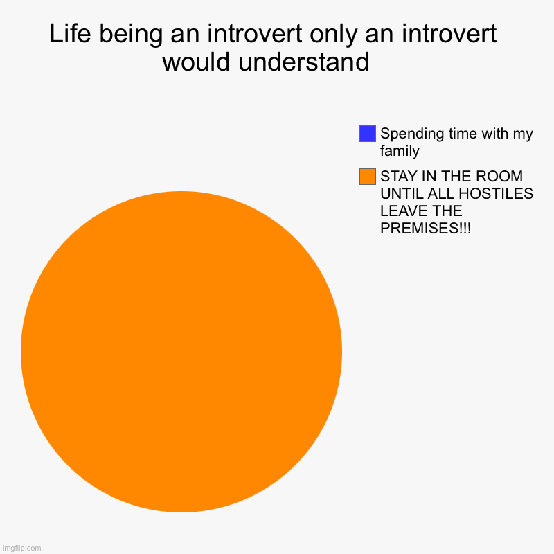 Life being an introvert only an introvert would understand   | STAY IN THE ROOM UNTIL ALL HOSTILES LEAVE THE PREMISES!!!, Spending time with | image tagged in charts,pie charts | made w/ Imgflip chart maker