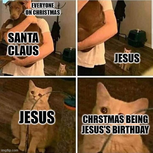Poor Jesus | EVERYONE ON CHRISTMAS; SANTA CLAUS; JESUS; JESUS; CHRSTMAS BEING JESUS'S BIRTHDAY | image tagged in sad cat holding dog | made w/ Imgflip meme maker