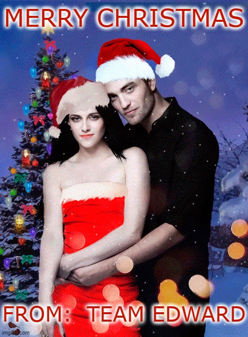 MERRY TWILIGHT CHRISTMAS | MERRY CHRISTMAS; FROM:  TEAM EDWARD | image tagged in christmas,twilight,team edward,christmas tree,merry christmas,merry twilight christmas | made w/ Imgflip meme maker