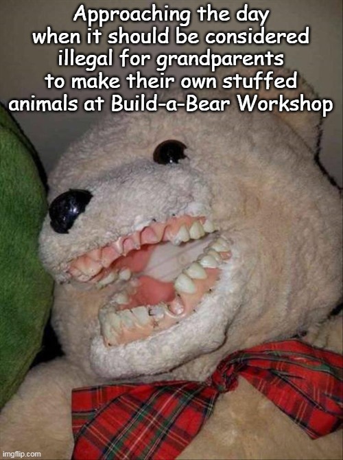 Gettin' Too Old | Approaching the day when it should be considered illegal for grandparents to make their own stuffed animals at Build-a-Bear Workshop | image tagged in meme,memes,humor,stuffed animal | made w/ Imgflip meme maker