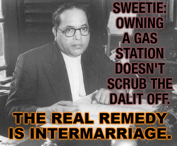 sweetie: owning a gas station doesn't scrub the dalit off. the real remedy is intermarriage. | SWEETIE: OWNING A GAS STATION DOESN'T SCRUB THE DALIT OFF. THE REAL REMEDY IS INTERMARRIAGE. | image tagged in ambedkar | made w/ Imgflip meme maker