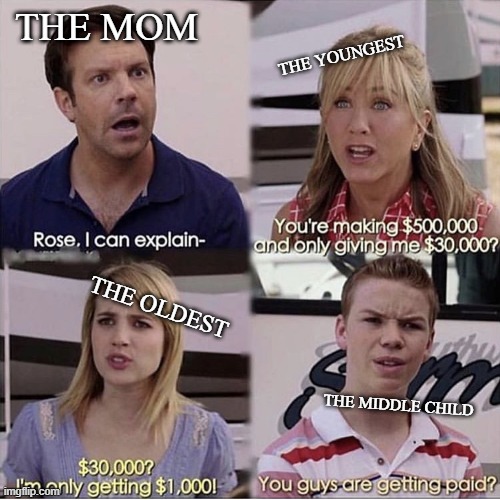 for doing chores | THE MOM; THE YOUNGEST; THE OLDEST; THE MIDDLE CHILD | image tagged in you guys are getting paid | made w/ Imgflip meme maker