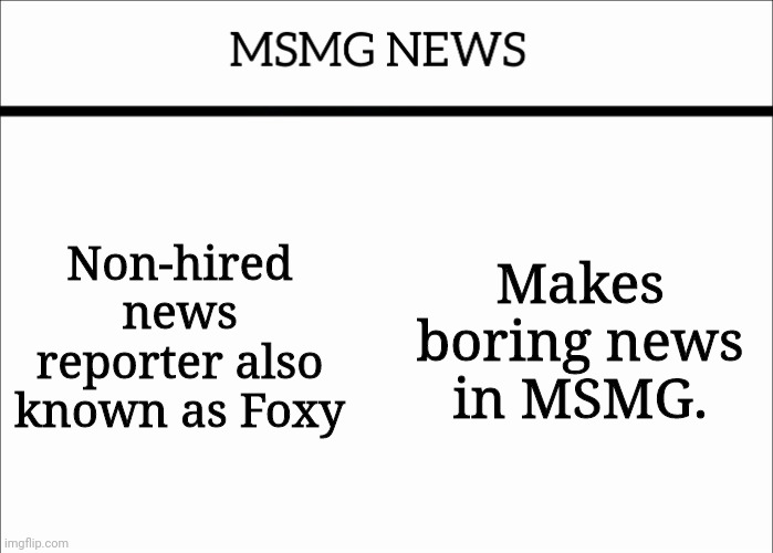 MSMG NEWS | Non-hired news reporter also known as Foxy; Makes boring news in MSMG. | image tagged in msmg news | made w/ Imgflip meme maker