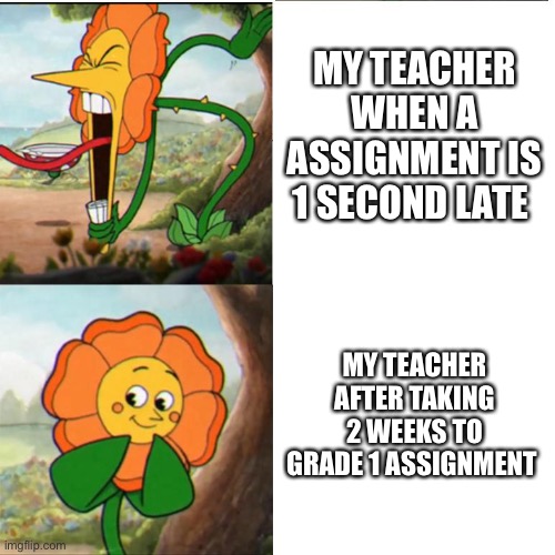 Cuphead Flower | MY TEACHER WHEN A ASSIGNMENT IS 1 SECOND LATE; MY TEACHER AFTER TAKING 2 WEEKS TO GRADE 1 ASSIGNMENT | image tagged in cuphead flower | made w/ Imgflip meme maker