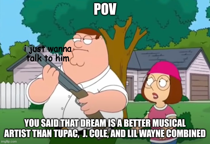 Stans, don't kill me, but... | POV; i just wanna talk to him; YOU SAID THAT DREAM IS A BETTER MUSICAL ARTIST THAN TUPAC,  J. COLE, AND LIL WAYNE COMBINED | image tagged in i just want to talk to him,family guy,memes,dream smp | made w/ Imgflip meme maker