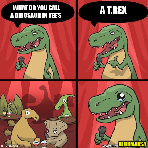 Bad jokes | WHAT DO YOU CALL A DINOSAUR IN TEE'S; A T.REX; REHKMANSA | image tagged in stand up dinosaur,funny memes | made w/ Imgflip meme maker