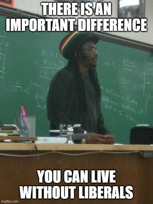 Rasta Science Teacher Meme | THERE IS AN IMPORTANT DIFFERENCE YOU CAN LIVE WITHOUT LIBERALS | image tagged in memes,rasta science teacher | made w/ Imgflip meme maker