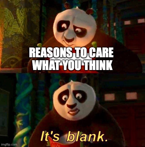 idc | REASONS TO CARE 
WHAT YOU THINK | image tagged in kung fu panda it s blank | made w/ Imgflip meme maker