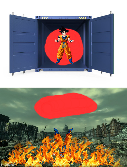Goku should burn into the incinerator | image tagged in empty shipping container,wasteland | made w/ Imgflip meme maker