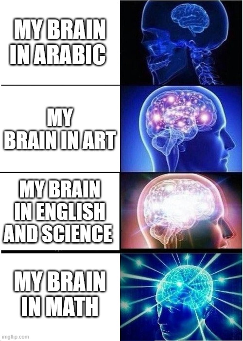 Expanding Brain Meme | MY BRAIN IN ARABIC; MY BRAIN IN ART; MY BRAIN IN ENGLISH AND SCIENCE; MY BRAIN IN MATH | image tagged in memes,expanding brain | made w/ Imgflip meme maker