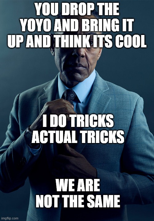 Do actual tricks | YOU DROP THE YOYO AND BRING IT UP AND THINK ITS COOL; I DO TRICKS ACTUAL TRICKS; WE ARE NOT THE SAME | image tagged in gus fring we are not the same | made w/ Imgflip meme maker