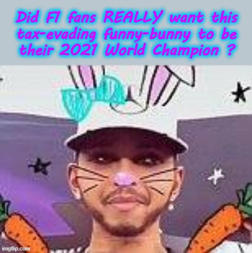 Lulu Hamiliton | Did F1 fans REALLY want this
tax-evading funny-bunny to be
their 2021 World Champion ? | image tagged in f1 | made w/ Imgflip meme maker