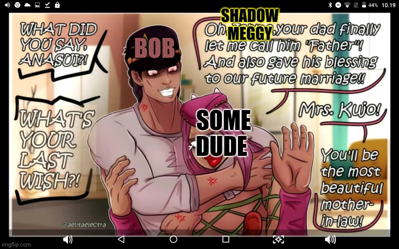 creddit for comic go to @aelitaelectra i think? I had this headcannon that bob is shadow meggy creator aka FATHER | SHADOW MEGGY; BOB; SOME DUDE | image tagged in smg4,jojo's bizarre adventure | made w/ Imgflip meme maker