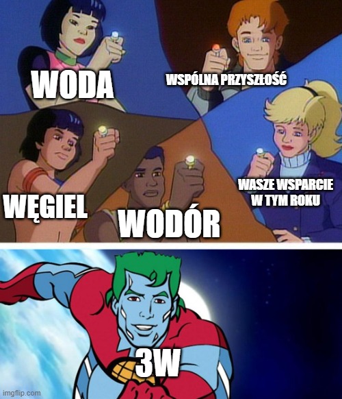 Captain planet with everybody | WODA; WSPÓLNA PRZYSZŁOŚĆ; WASZE WSPARCIE W TYM ROKU; WĘGIEL; WODÓR; 3W | image tagged in captain planet with everybody | made w/ Imgflip meme maker
