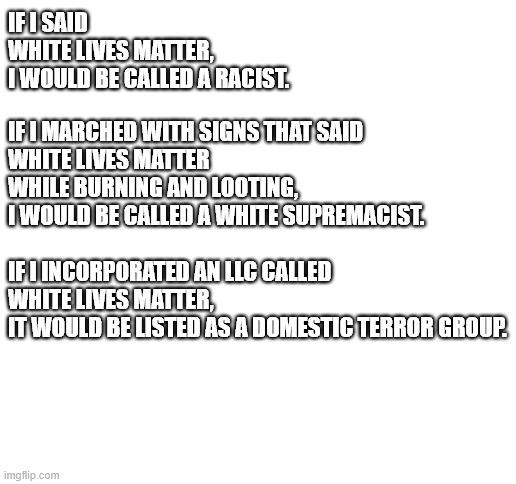 All Lives Matter | IF I SAID
WHITE LIVES MATTER,
I WOULD BE CALLED A RACIST. IF I MARCHED WITH SIGNS THAT SAID
WHITE LIVES MATTER
WHILE BURNING AND LOOTING,
I WOULD BE CALLED A WHITE SUPREMACIST. IF I INCORPORATED AN LLC CALLED
WHITE LIVES MATTER,
IT WOULD BE LISTED AS A DOMESTIC TERROR GROUP. | image tagged in white,black,racism,terrorism | made w/ Imgflip meme maker