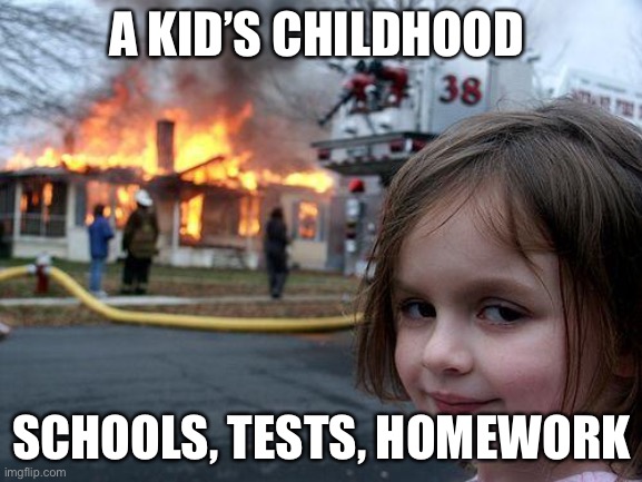 Disaster Girl | A KID’S CHILDHOOD; SCHOOLS, TESTS, HOMEWORK | image tagged in memes,disaster girl | made w/ Imgflip meme maker