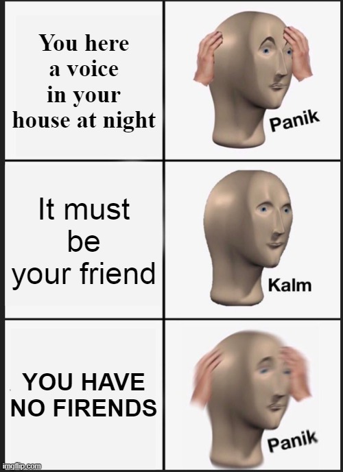 Something's wrong | You here a voice in your house at night; It must be your friend; YOU HAVE NO FIRENDS | image tagged in memes,panik kalm panik | made w/ Imgflip meme maker