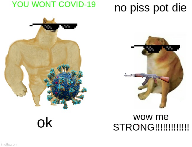 Buff Doge vs. Cheems Meme | YOU WONT COVID-19; no piss pot die; ok; wow me STRONG!!!!!!!!!!!!! | image tagged in memes,buff doge vs cheems | made w/ Imgflip meme maker