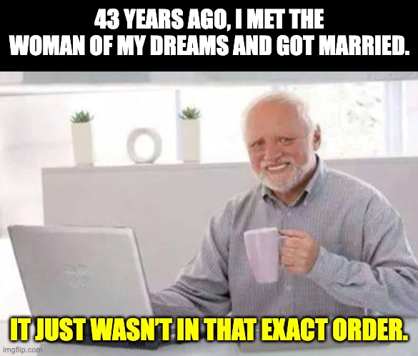 dreams | 43 YEARS AGO, I MET THE WOMAN OF MY DREAMS AND GOT MARRIED. IT JUST WASN’T IN THAT EXACT ORDER. | image tagged in harold | made w/ Imgflip meme maker