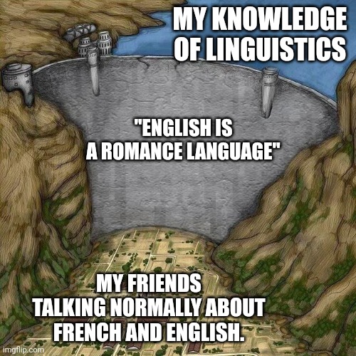 Linguistics | MY KNOWLEDGE OF LINGUISTICS; "ENGLISH IS A ROMANCE LANGUAGE"; MY FRIENDS TALKING NORMALLY ABOUT FRENCH AND ENGLISH. | image tagged in water dam meme,comedy,i have achieved comedy | made w/ Imgflip meme maker