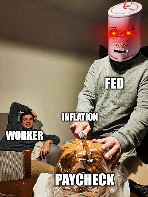 FED cannot print productivity | FED; INFLATION; WORKER; PAYCHECK | image tagged in inflation,fed,federal reserve,paycheck,bitcoin,cryptocurrency | made w/ Imgflip meme maker