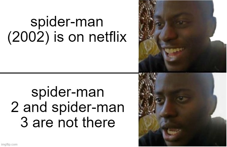lol i can't believe i actually care about spider-man 3 | spider-man (2002) is on netflix; spider-man 2 and spider-man 3 are not there | image tagged in disappointed black guy,spiderman,netflix,movie,spider man | made w/ Imgflip meme maker