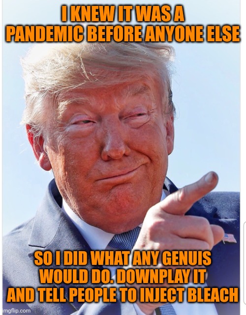 "Jenius" at work | I KNEW IT WAS A PANDEMIC BEFORE ANYONE ELSE SO I DID WHAT ANY GENUIS WOULD DO. DOWNPLAY IT AND TELL PEOPLE TO INJECT BLEACH | image tagged in trump pointing | made w/ Imgflip meme maker