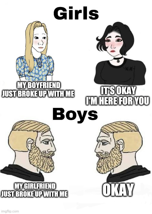 Girls vs Boys | MY BOYFRIEND JUST BROKE UP WITH ME; IT'S OKAY I'M HERE FOR YOU; OKAY; MY GIRLFRIEND JUST BROKE UP WITH ME | image tagged in girls vs boys,boys vs girls | made w/ Imgflip meme maker