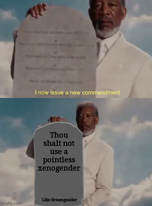 God’s new commandment | Thou shalt not use a pointless xenogender; Like dreamgender | image tagged in god s new commandment | made w/ Imgflip meme maker