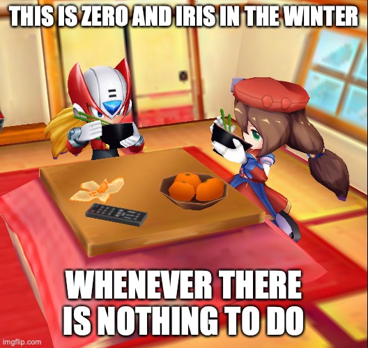 Zero and Iris in a Kotatsu | THIS IS ZERO AND IRIS IN THE WINTER; WHENEVER THERE IS NOTHING TO DO | image tagged in memes,megaman x,megaman | made w/ Imgflip meme maker