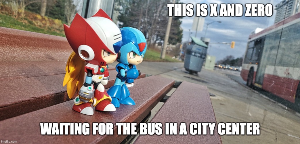 X and Zero Waiting For the Bus | THIS IS X AND ZERO; WAITING FOR THE BUS IN A CITY CENTER | image tagged in public transport,memes,megaman x,megaman | made w/ Imgflip meme maker
