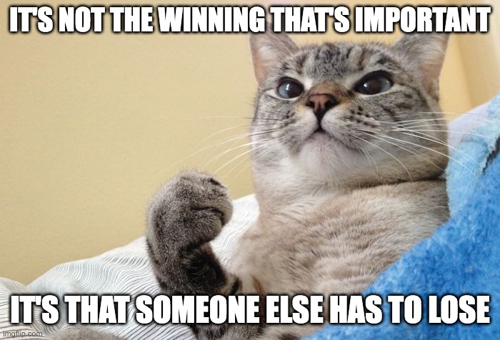 It's not the winning that's important... | IT'S NOT THE WINNING THAT'S IMPORTANT; IT'S THAT SOMEONE ELSE HAS TO LOSE | image tagged in success,winner,victor,memes | made w/ Imgflip meme maker