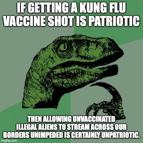 Hypocrisy is the defining characteristic of EVERY liberal. | IF GETTING A KUNG FLU VACCINE SHOT IS PATRIOTIC; THEN ALLOWING UNVACCINATED ILLEGAL ALIENS TO STREAM ACROSS OUR BORDERS UNIMPEDED IS CERTAINLY UNPATRIOTIC. | image tagged in illegal aliens,dementia joe,biden,hypocrisy,liberals,covid | made w/ Imgflip meme maker