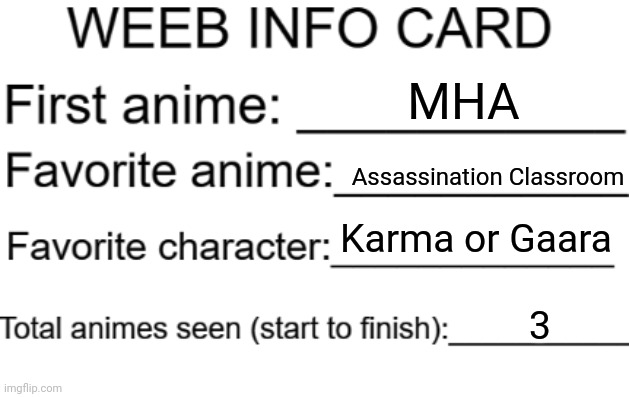 I'm still watching Naruto Shippuden and AssClass- | MHA; Assassination Classroom; Karma or Gaara; 3 | image tagged in weeb info card | made w/ Imgflip meme maker