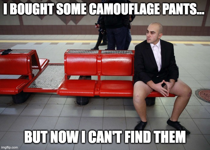 Camouflage pants | I BOUGHT SOME CAMOUFLAGE PANTS... BUT NOW I CAN'T FIND THEM | image tagged in no trousers,camouflage,memes | made w/ Imgflip meme maker