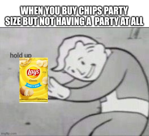 What's the point then besides more chips haha | WHEN YOU BUY CHIPS PARTY SIZE BUT NOT HAVING A  PARTY AT ALL | image tagged in fallout hold up,memes,literal meme | made w/ Imgflip meme maker