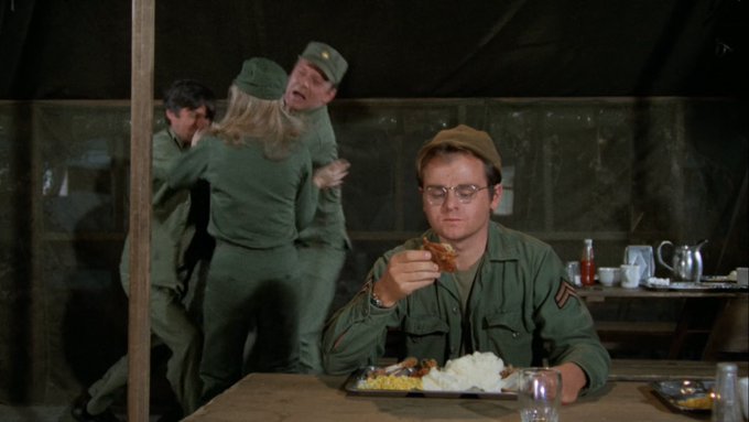 Radar MASH M*A*S*H mess hall eating chaos in background Blank Meme Template