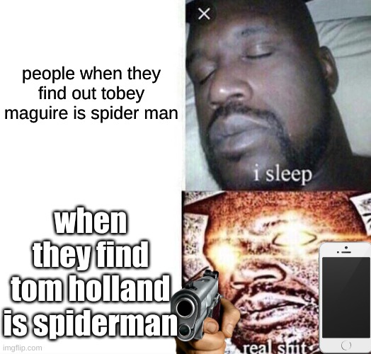 i sleep real shit | people when they find out tobey maguire is spider man; when they find tom holland is spiderman | image tagged in i sleep real shit | made w/ Imgflip meme maker