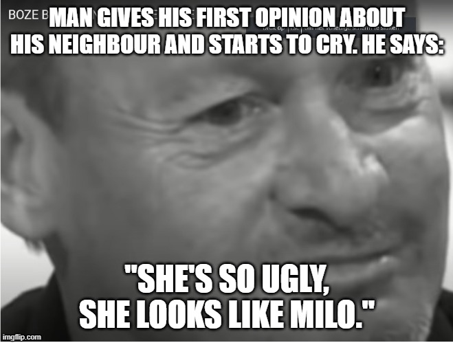 She's so ugly, she looks like milo. | MAN GIVES HIS FIRST OPINION ABOUT HIS NEIGHBOUR AND STARTS TO CRY. HE SAYS:; ''SHE'S SO UGLY, SHE LOOKS LIKE MILO.'' | image tagged in no milo no | made w/ Imgflip meme maker